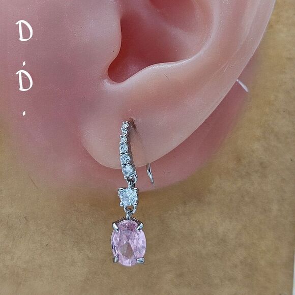 Oval Cut Pink Diamond Earrings with Clear White Baguette Diamond… - Picture 4 of 7